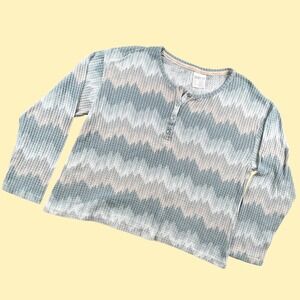 Born Henley Top Women L Blue Chevron Waffle Knit Long Sleeve Cozy Sleep Lounge